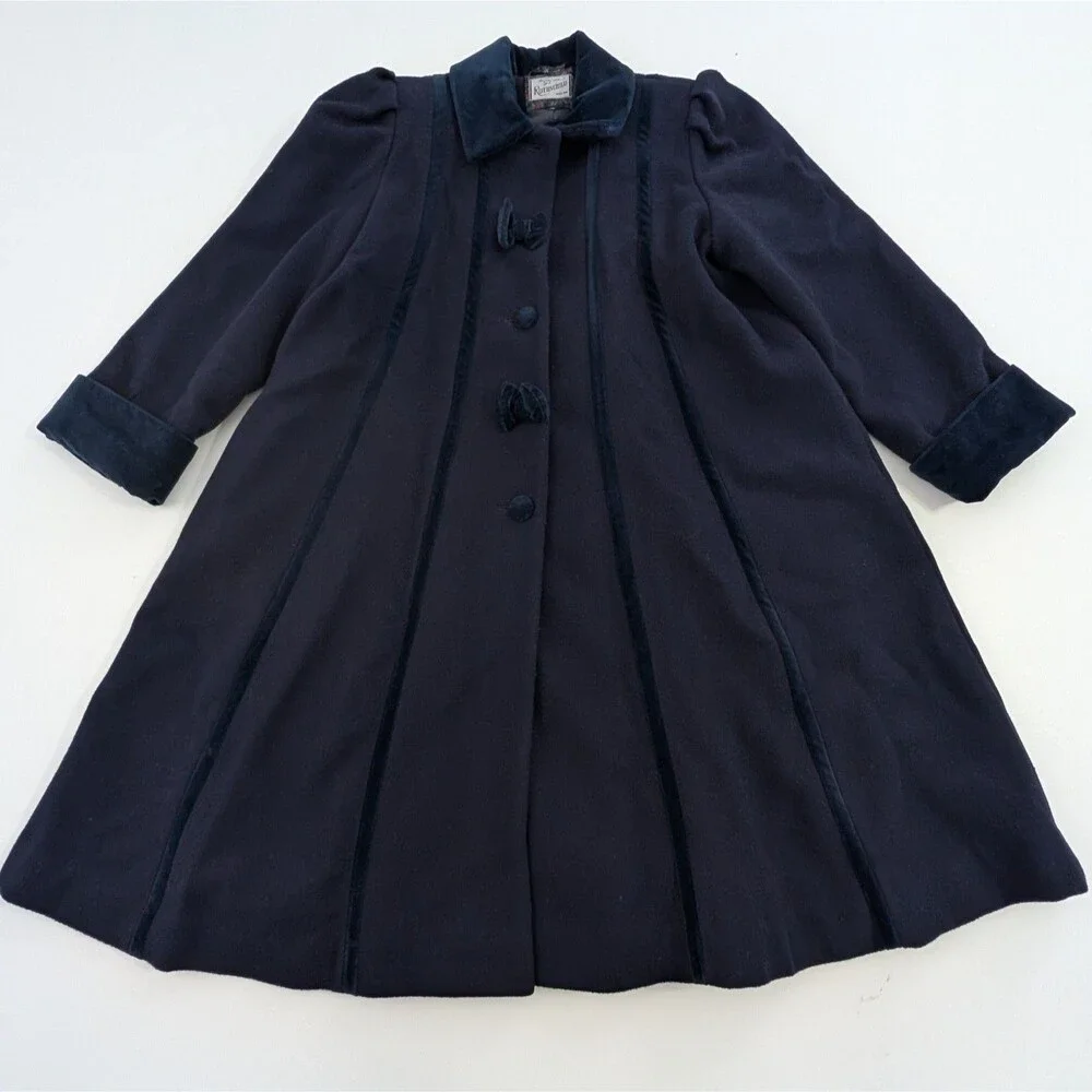 Vintage Rothschild Pea Coat Girls 10 Navy Blue Wool Dress Velvet Collar Overcoat